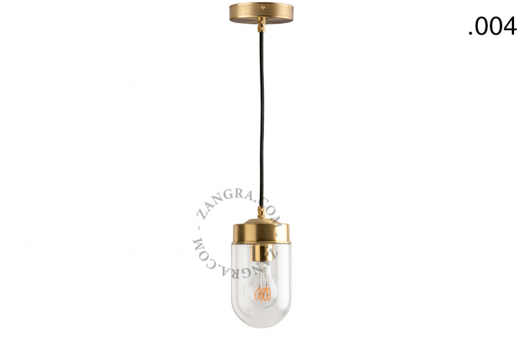 Brass pendant light with glass shade.