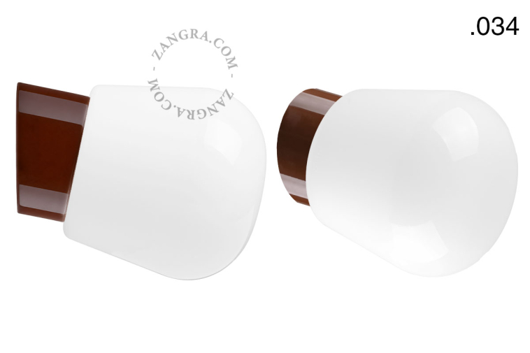 Brown porcelain wall light with glass lampshade.