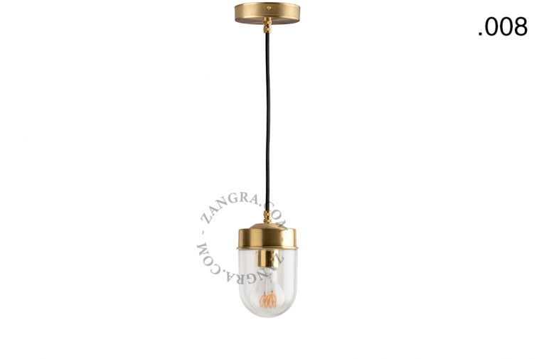 Brass pendant light with glass shade.