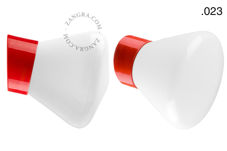 Red porcelain wall light with glass lampshade.