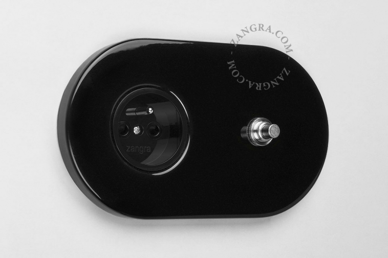 Black flush mount outlet & switch with nickel-plated pushbutton.