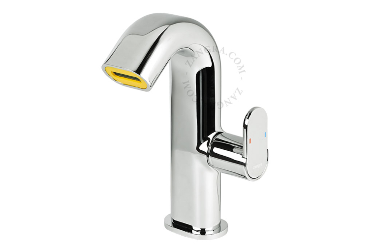 Colourful single-lever basin mixer.