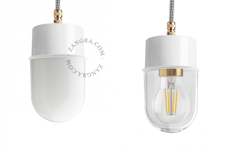 White pendant light with glass shade.