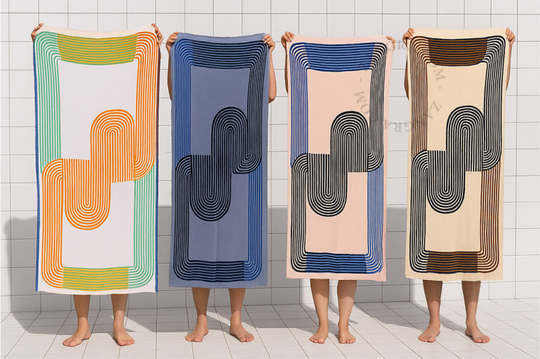 Serviette de bain en coton nid d'abeille jaune et brun.