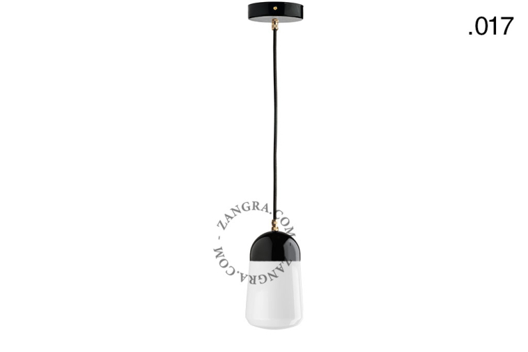 black porcelain pendant light with glass shade