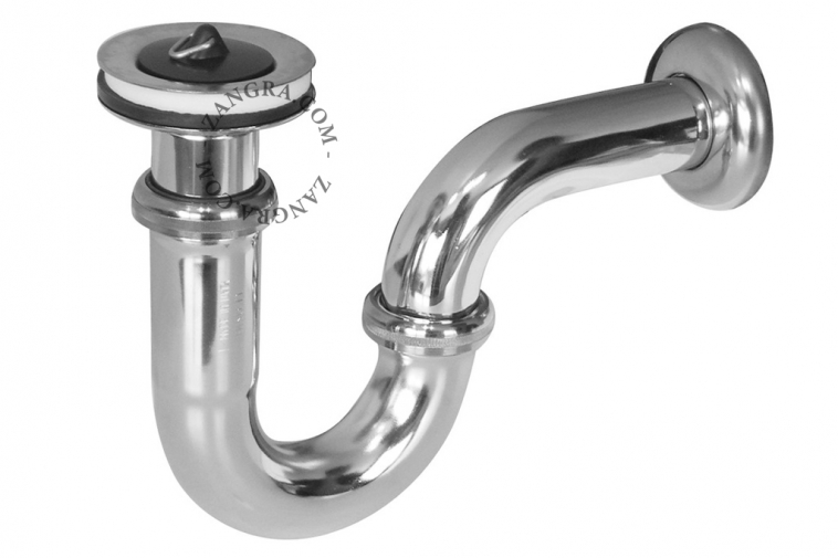 silvery tubular siphon for washbasin with strainer