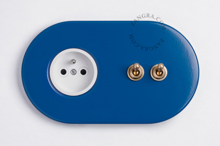 blue flush mount outlet & two-way or simple switch – double raw brass toggle