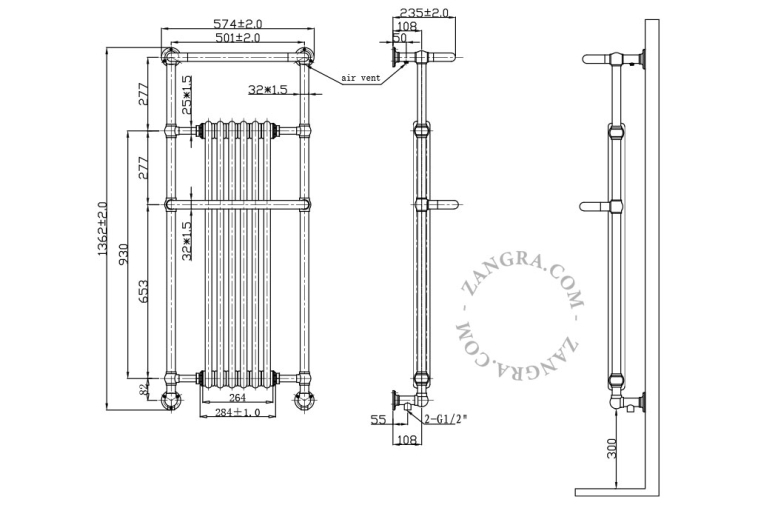 Radiador toallero para montaje de pared.