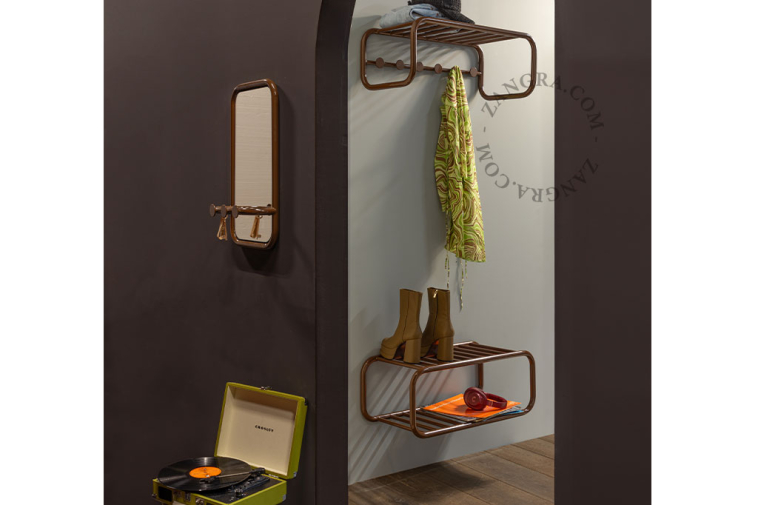 Retro coat rack with hat shelf.