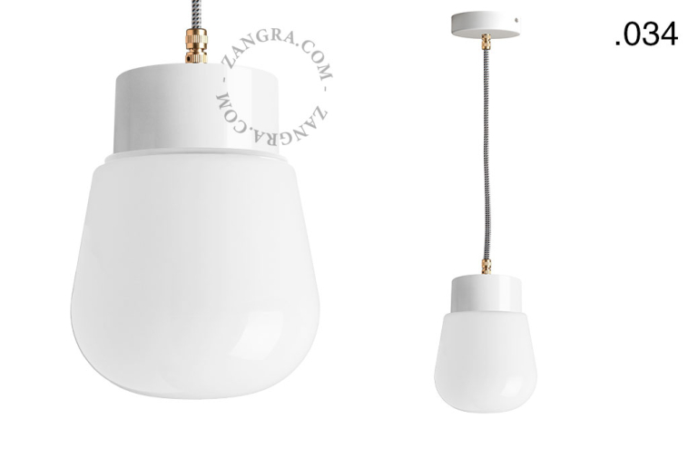 White pendant light with glass shade.