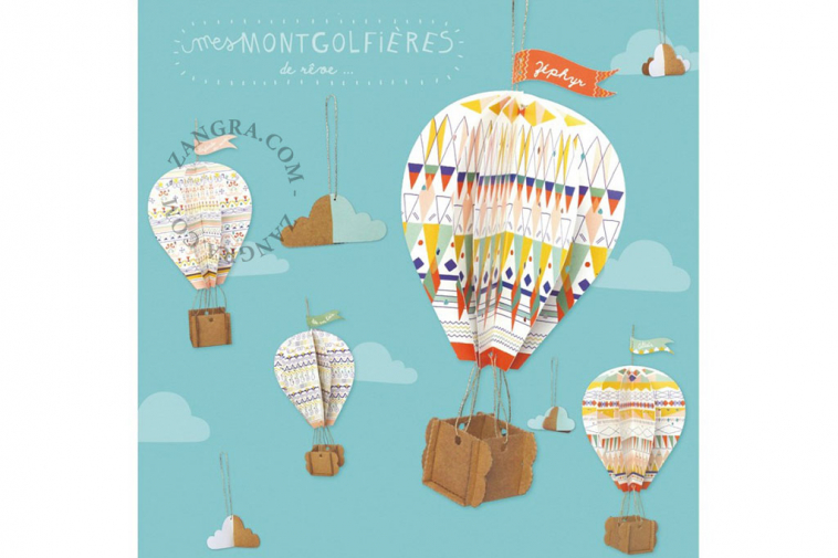 4 montgolfières avec des nuages en carton à colorier